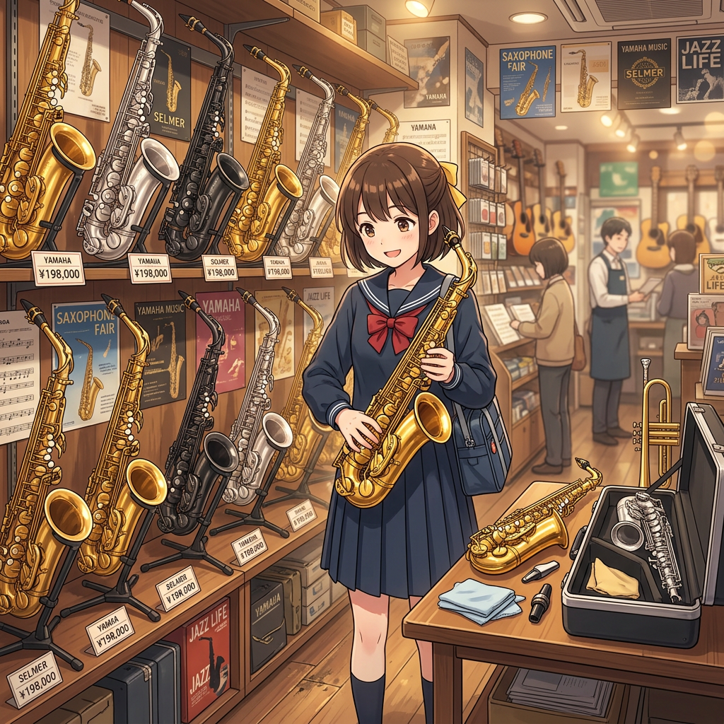 Young girl in school uniform holding a gold saxophone in a music store with various saxophones displayed on shelves
